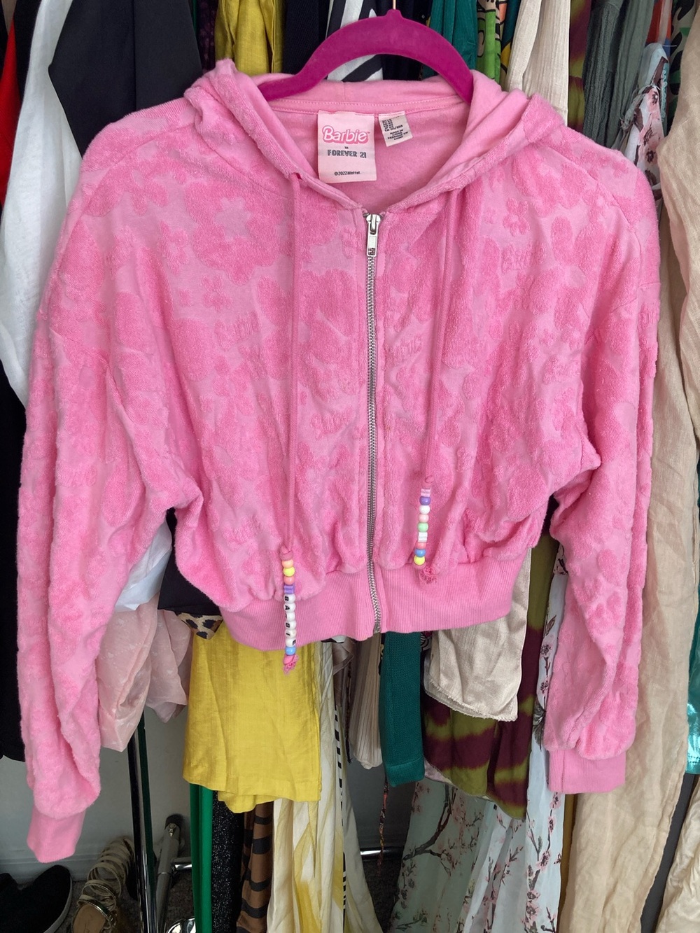 Forever 21 Barbie Pink Plush Zip Hoodie with Beaded Drawstrings
